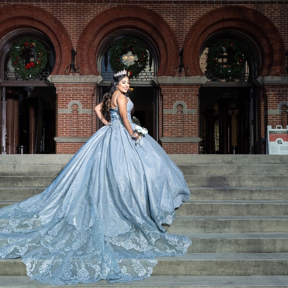 Gorgeous long train Icy blue dress, only worn once and dry cleaned immediately! - Picture 3 of 4